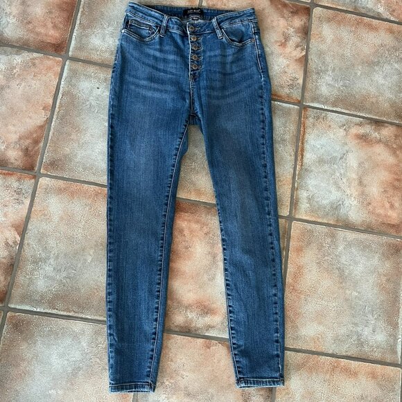 Judy Blue Denim - Judy Blue Button Fly Mid Rise Skinny Fit Jeans 11/30 Med Wash Whiskered 5-Pocket